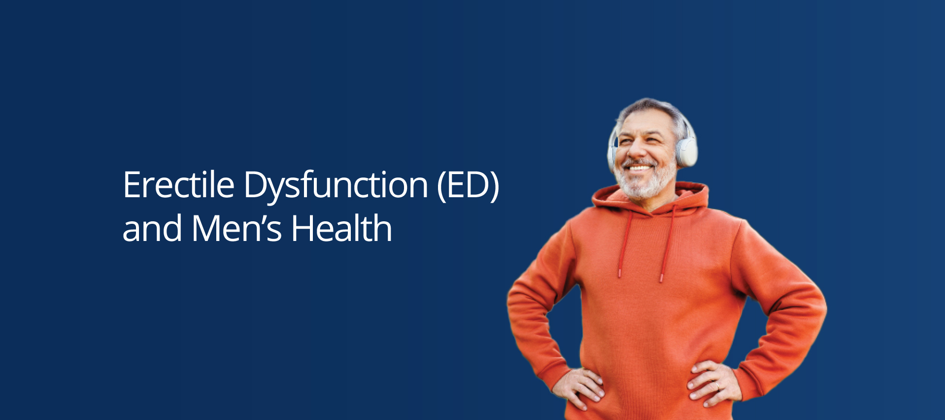 Smiling middle aged man looking happy and content, with earphones on, with a scenic trees in the background.