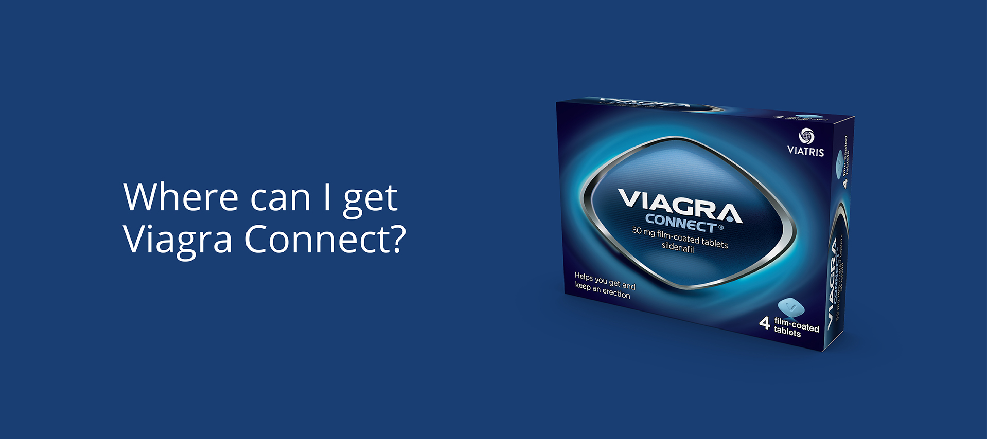 Viagra Connect 50 mg sildenafil tablets, 4 film-coated tablets right angled view box, helps you get and keep an erection.