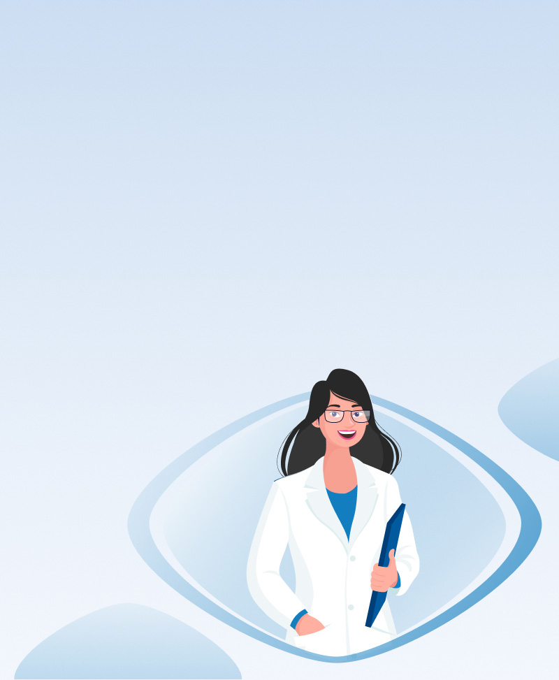 Lady pharmist with long hair and wearing glasses, holding a folder. 